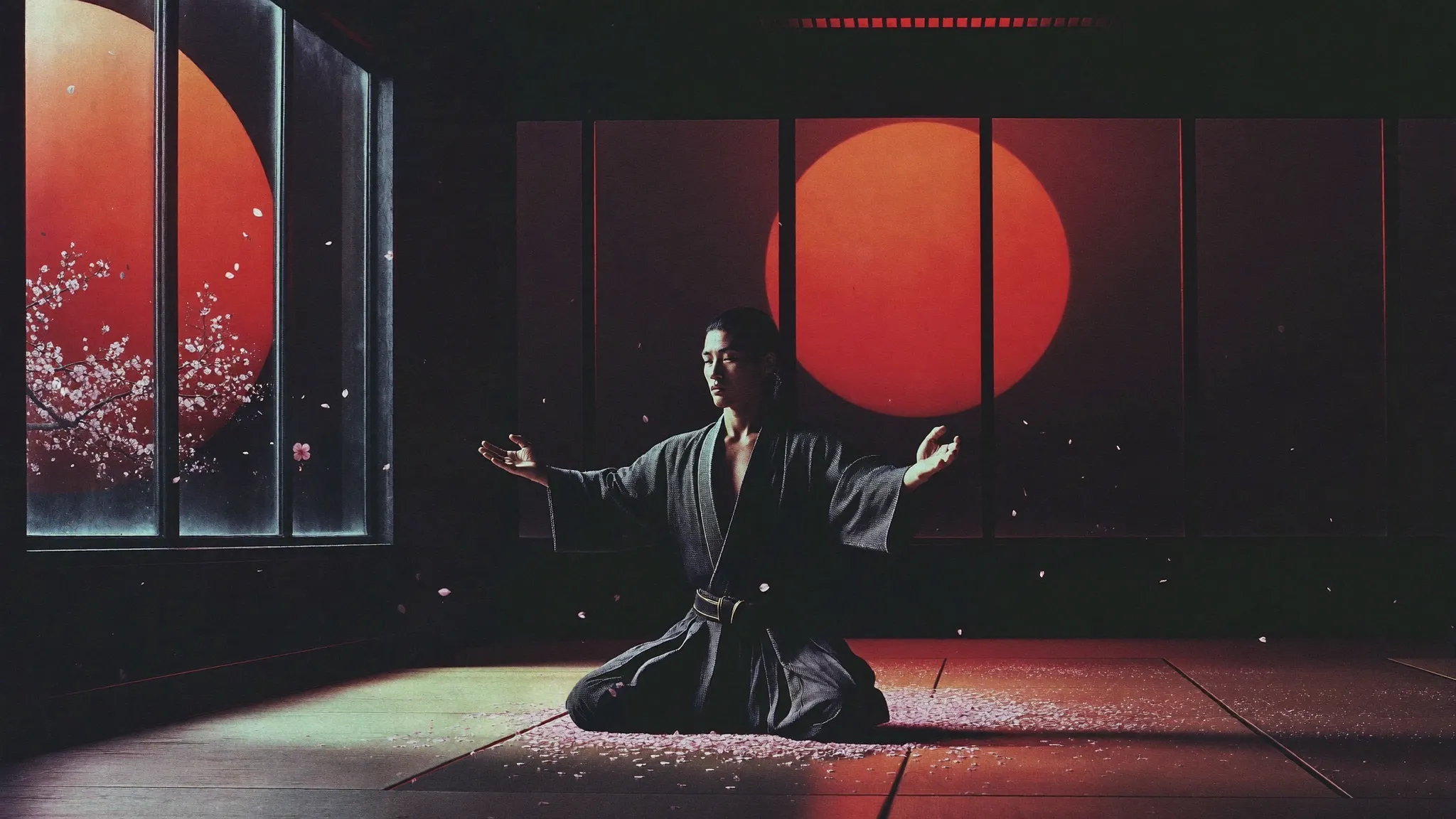Martial artist kneeling in meditation in a dojo at sunset