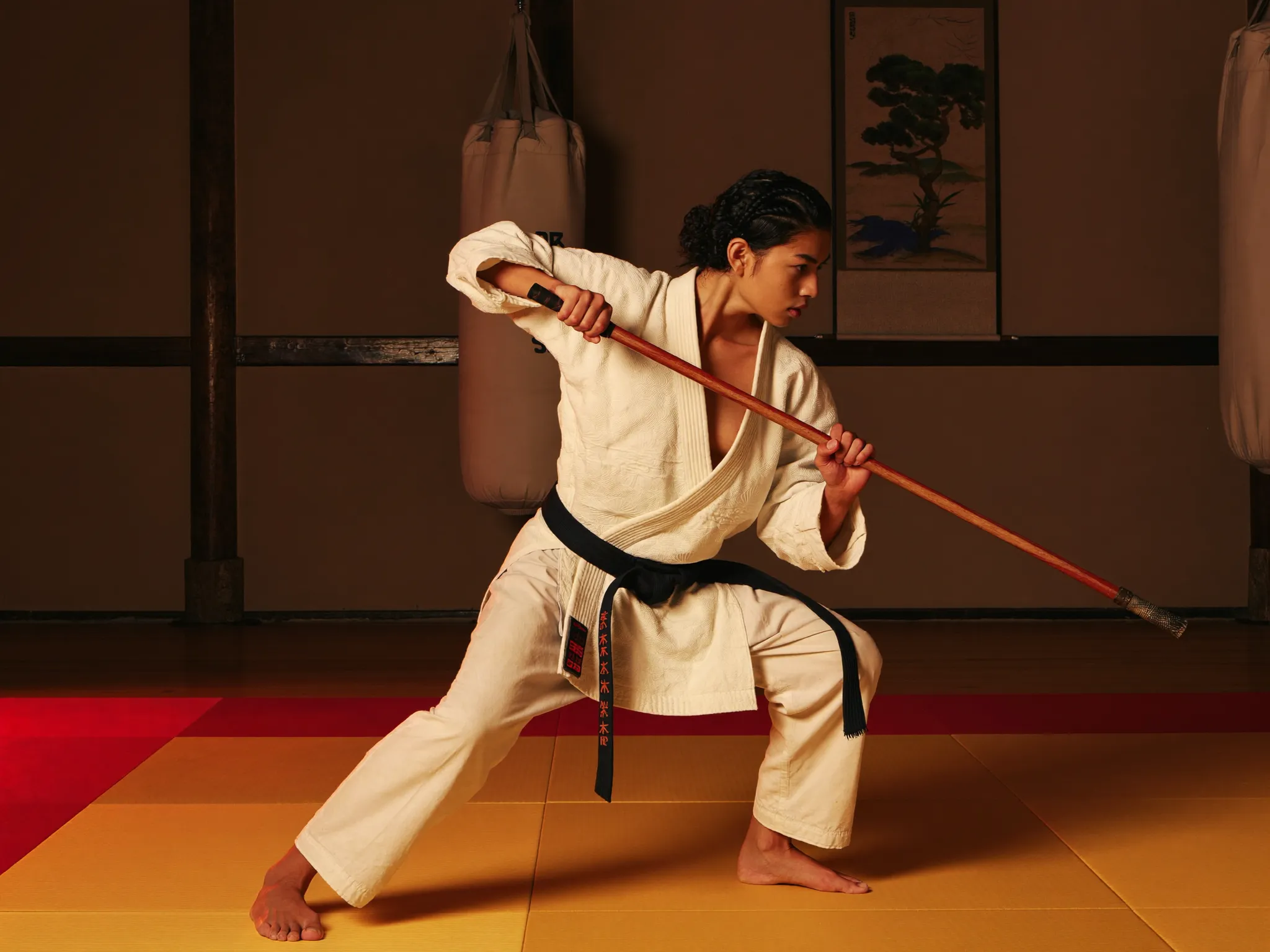 Martial artist training with a bo staff